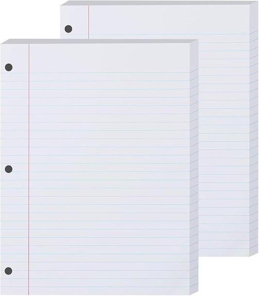 Loose Leaf Paper, 2 Pack 100 Sheets, Wide Ruled, 8" x 10.5", Reinforced Notebook Paper College Ruled, 3 Hole Punched, College Lined Filler Papers for 3 Ring Binder Notebook, School & Office, White