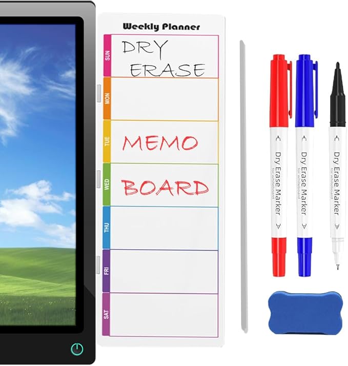 Monitor Side Magnetic Memo Board with Weekly Calendar, Dry Erase to-Do List Planner, Multi-Use Computer Screen Notepad for Office, Home, School (11.42” x 3.54”)