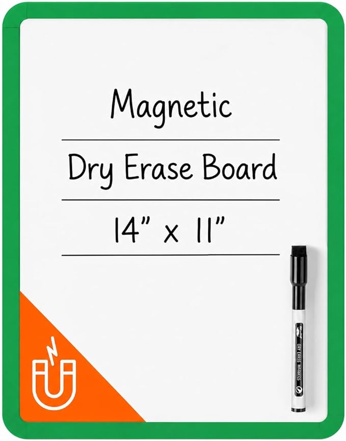 Mr. Pen- Dry Erase Board, 14” x 11” with a Black Dry Erase Marker, Green Frame, Small Mini White Board for Students, Fridge, Wall, Locker, Includes Double Sided Tapes