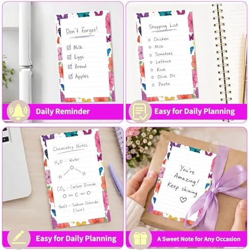 Lined Sticky Notes 4x6 in, 2 Pack Large Cute Notepads with Lines Self-Stick Note Pad, Funny Memo Pads Strong Adhesive for Office, Home Cute Butterfly Flowers