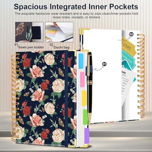 Spiral Journal Notebooks for Work, 300 Pages 5 Subject Notebook College Ruled with Dividers & Tabs, A5 Notebook Journal for Women Students Note-Taking and Organizer (Velvet Bloom)