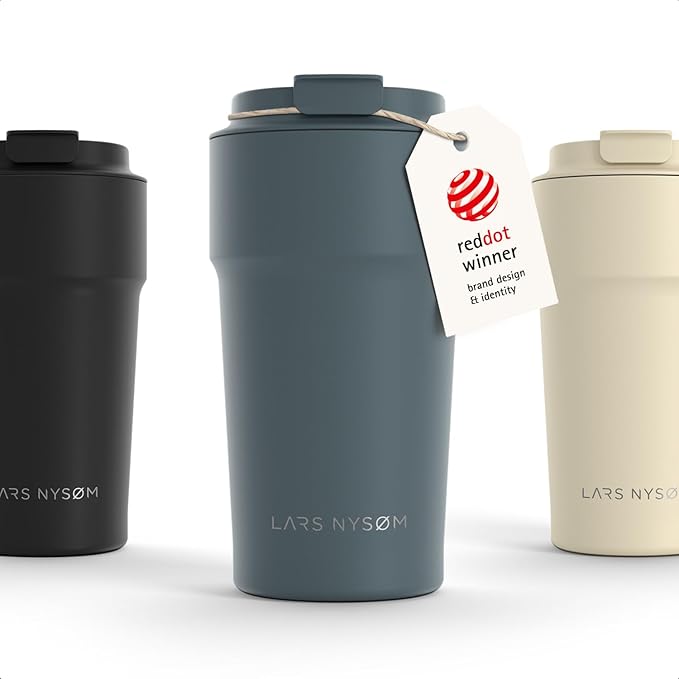 LARS NYSØM Thermo Coffee Mug to go 17oz | Travel Mug 0.5 Liter with Insulation | Silicone grip base | Leak Proof Stainless Steel Tumbler for Coffee and Tea on the Go (Powder Stone Blue, 17oz)