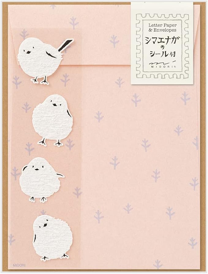Midori 86637006 Letter Set with Stickers, 12 Stationery Notes, 4 Envelopes, Shimaenaga Pattern A