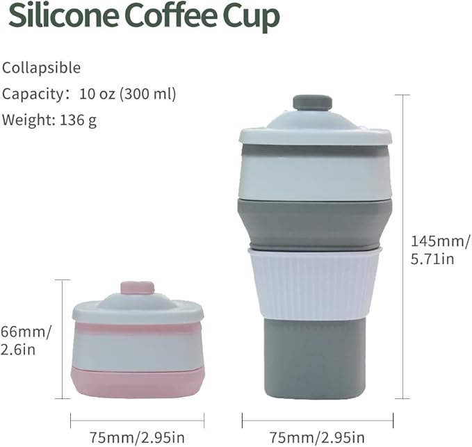 Collapsible Travel Coffee Cups Set of 2 - Silicone Foldable Mugs with Leakproof Lids, BPA Free, Microwave and Dishwasher Safe - 10oz (300ml) for Travel, Office, Camping