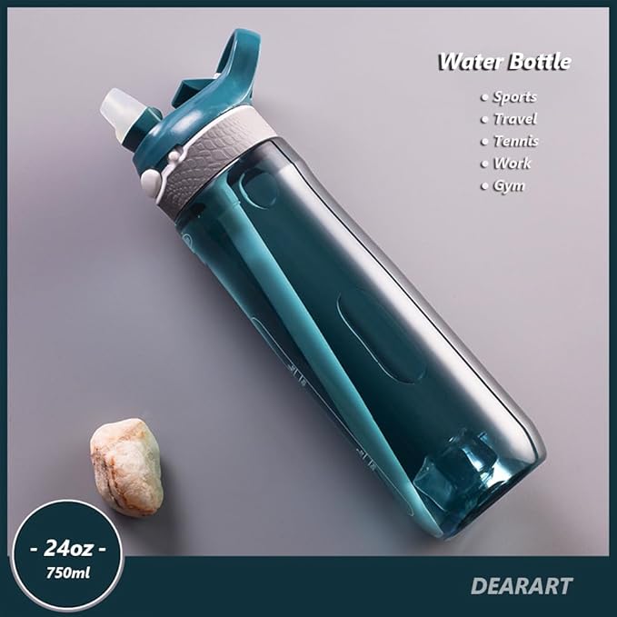 DEARART 24oz Water Bottles With Straw, Leakproof BPA FREE Hidden Nozzle, Flip Up Lid Has Handle Wide Bottle Easy Clear, Suit Office Sports Travel Gym Yoga, Dark Cyan
