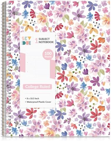 SKYDUE 8"x10.5" Spiral Notebook - College Ruled 100 Sheets, 1 Subject Notebook for School & Office, 3-Hole Punched Paper, Floral Design
