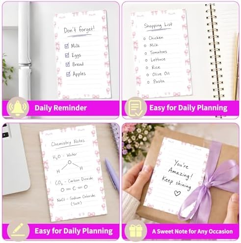 Lined Sticky Notes 4x6 in, 2 Pack Large Cute Notepads with Lines Self-Stick Note Pad, Funny Memo Pads Strong Adhesive for Office, Home Cute Pink Bowtie