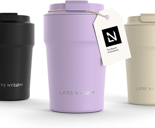 LARS NYSØM Thermo Coffee Mug to go 13oz | Travel Mug 0.38 Liter with Insulation | Leak Proof Stainless Steel Thermal Tumbler for Coffee and Tea on the Go (Lavender Purple, 12.9oz)
