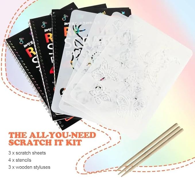 Mocoosy 3 Pack Rainbow Scratch Art Paper Notebooks, Spiral Bound Magic Scratch Pads for Kids Arts Crafts Supplies, Black Sketch Note Coloring Activity Book Travel Games Gifts for Girls Boys