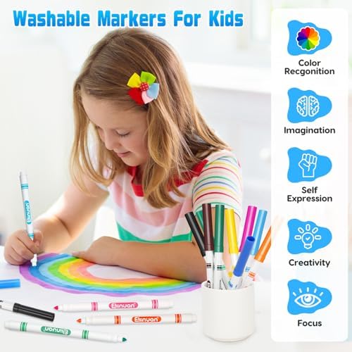Ellinjan 240 Count Washable Markers Bulk, 12 Assorted Colors, Fine Line Colored Marker with Conical Tip, Washable Markers for Kids, Bulk Marker for Classroom, School Art Supplies for Students Teachers