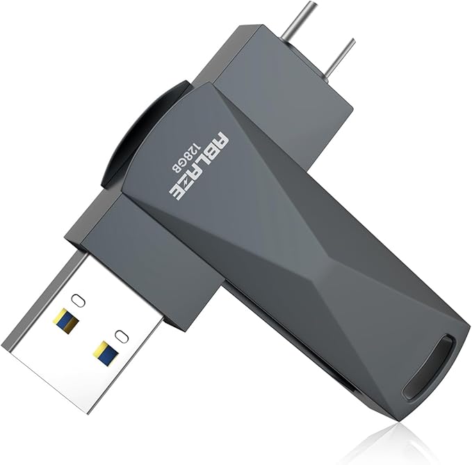 ABLAZE 128GB USB C Flash Drive, Dual USB 3.0+Type C Flash Drive Compatible with iPhone 16/15,Android Smartphone,Computer,Tablet Mac Laptop (Dark Grey)