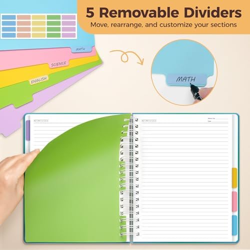 Hardcover Spiral Notebook Journal for Women & Men, Cute 5 Subject Notebook College Ruled for School & Work, Journaling Notebooks with Removable Dividers Tabs, 8" x 10", 300 Pages, Teal Gradient