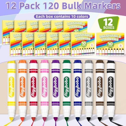 120 Count Washable Markers, 12 Packs, 10 Colors, School Supplies Bulk