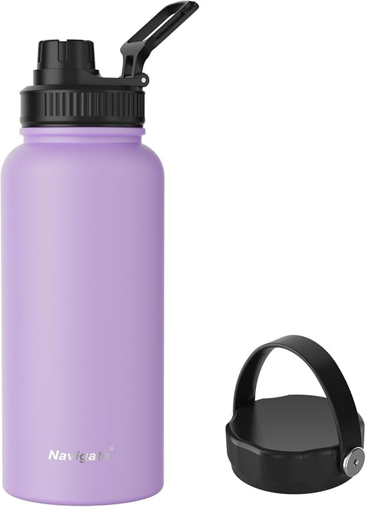 Navigate 32oz Insulated Water Bottle for Sports, Keep Cold 24H | 2-in-1 Spout and Handle Lids, Double Leak-Proof, 18/8 Stainless Steel, BPA-Free, Wide Mouth for Gym and Hiking,Purple