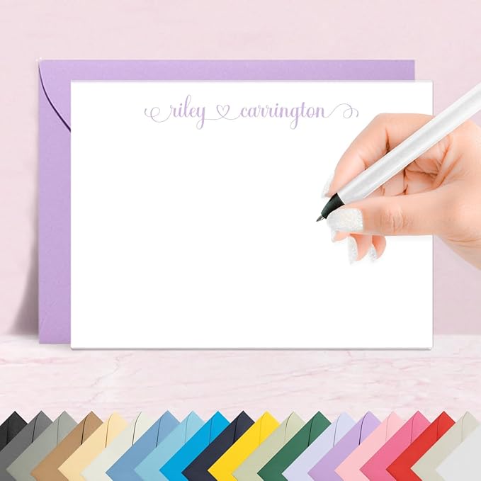 Personalized Stationery Note Cards with Envelopes – Custom Minimalist Thank You Cards, 12 Flat Note Cards & Colored Envelopes – Crush-Resistant Packaging - Folded Cards Optional (Heart Connector)