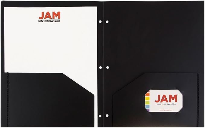 JAM PAPER Heavy Duty Plastic 3 Hole Punch Pocket Folders - Extra Tough School Folders - Black - 6/Pack