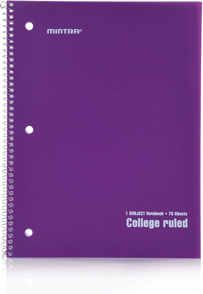 Mintra Office Spiral Notebooks Set - Primary Colors, College Ruled, Poly Waterproof Covers, Journals for School, Work, Business, Writing Pads, Teacher & Student Supplies, 70 Sheets Each, 6-Pack