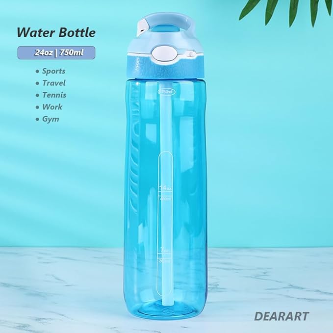 DEARART 2-Pack 24oz Light Blue & Dark Cyan Water Bottles With Straw, Leakproof BPA FREE Hidden Nozzle, Flip Up Lid Has Handle Wide Bottle Easy Clear, Suit Office Outdoor Sports Travel Gym.