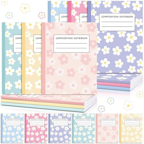 Harloon 6 Pack Composition Notebooks Wide Ruled Bulk Cute Pink Composition Notebook 110 Page 7-1/2" x 9-3/4" Colorful Flower Journal Back to School Gift for Teacher Student Office First Day of School