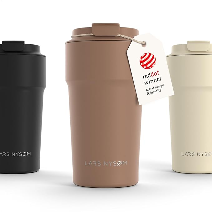 LARS NYSØM Thermo Coffee Mug to go 17oz | Travel Mug 0.5 Liter with Insulation | Silicone grip base | Leak Proof Stainless Steel Tumbler for Coffee and Tea on the Go (Powder Mocha Brown, 17oz)