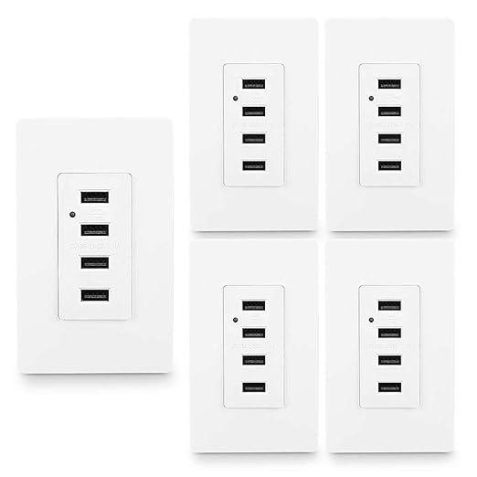 LEOD High Speed 4 USB Port Charging Wall Outlets and LED Bule Light with 2 Types Wall Plates(satndard & screwless), USB Charger Outlet, Auto-Identify Charging Current, White, UL Listed (5 Pack)