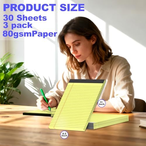 3 Pack Yellow Legal Pads 8.5 x 11 Inch, Wide Ruled Notepads Lined Memo Note Pads, 8.5x11 Inch Micro Perforated Writing Pads 30 Sheets Per Pad for Work Study Daily Note Taking List