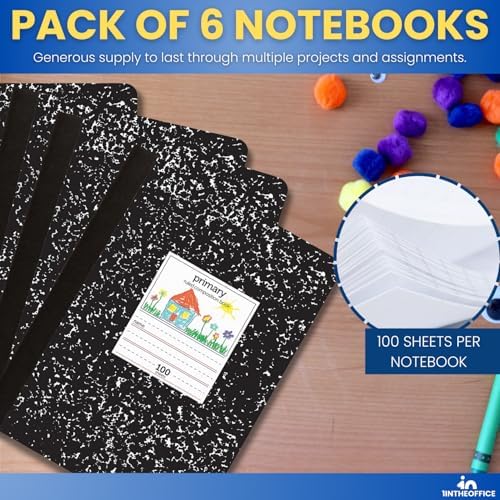 1InTheOffice Primary Composition Notebook, 7 1/2" x 9 3/4", Unruled/Primary Ruled, 100 Sheets (6 Pack)