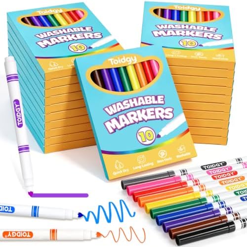 24 Pack Washable Markers Bulk with 10 Colors for Kids, School Supplies