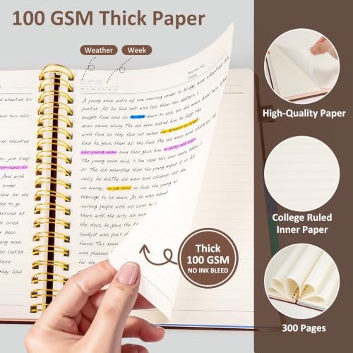 Hardcover Spiral Notebook Journal, 8"x10" Large B5 Notebooks with Removable Dividers Tabs, 300 Pages Leather 5 Subject Notebook College Ruled, Lined Journal for Women Work School Note Taking, Brown