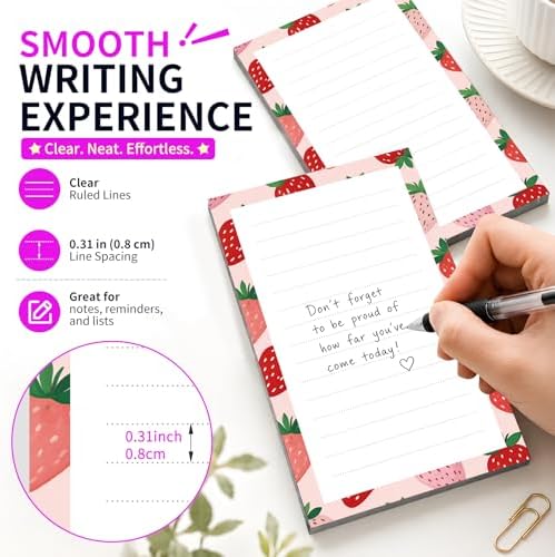 Lined Sticky Notes 4x6 in, 2 Pack Large Cute Notepads with Lines Self-Stick Note Pad, Funny Memo Pads Strong Adhesive for Office, Home Cute Red Strawberry