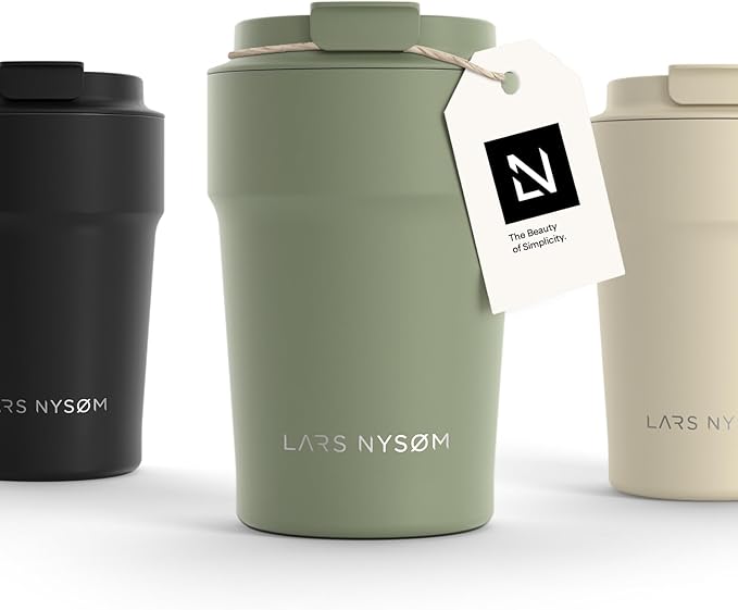 LARS NYSØM Thermo Coffee Mug to go 13oz | Travel Mug 0.38 Liter with Insulation | Leak Proof Stainless Steel Thermal Tumbler for Coffee and Tea on the Go (Sage Green, 12.9oz)