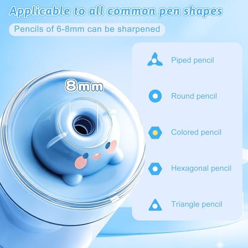 Rechargeable Automatic Electric Pencil Sharpener for Kids, Auto in & Out 3 Adjustable Thickness, Type-C Charging, Cute DIY Stickers, for 6-8mm Pencils, 3s Fast Sharpening for School & Home (Blue)