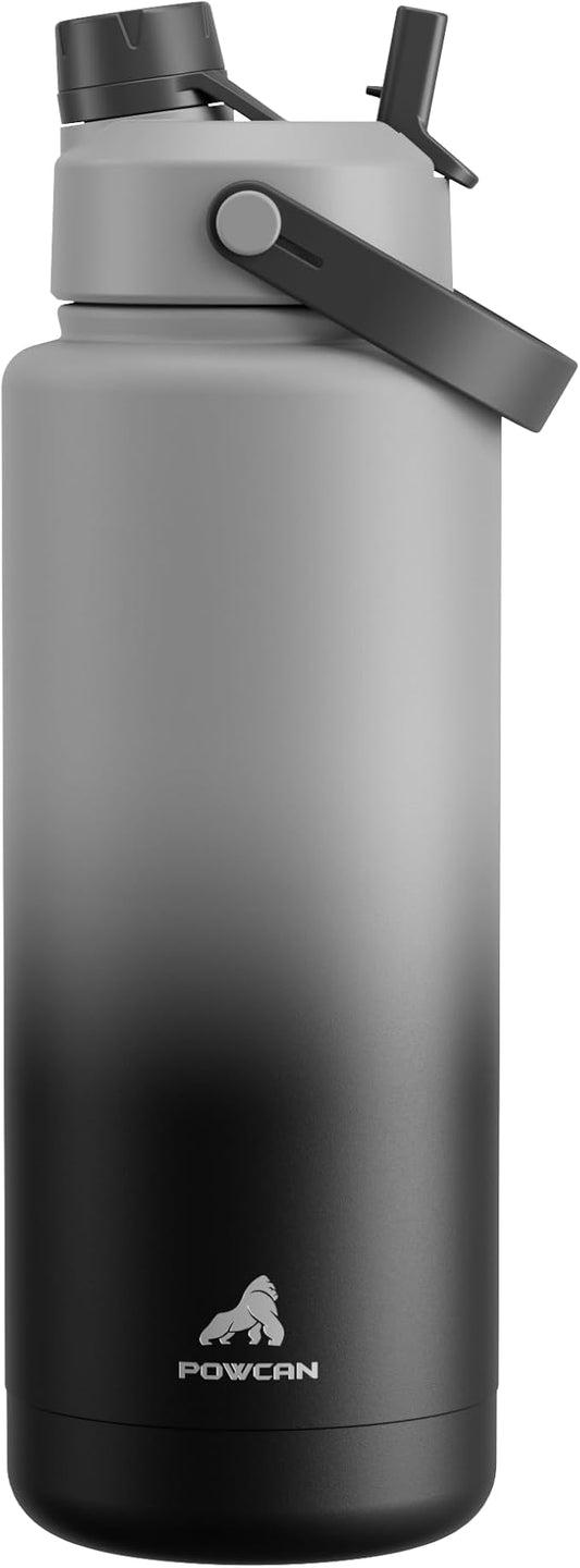 POWCAN 40 oz Insulated Water Bottle with 2-in-1 Straw and Spout Lid, Keep Cold 24H, Leak-Proof, BPA-Free, Double Wall Stainless Steel Water Bottle for Sports, Gym, Travel, and School (Obsidian)