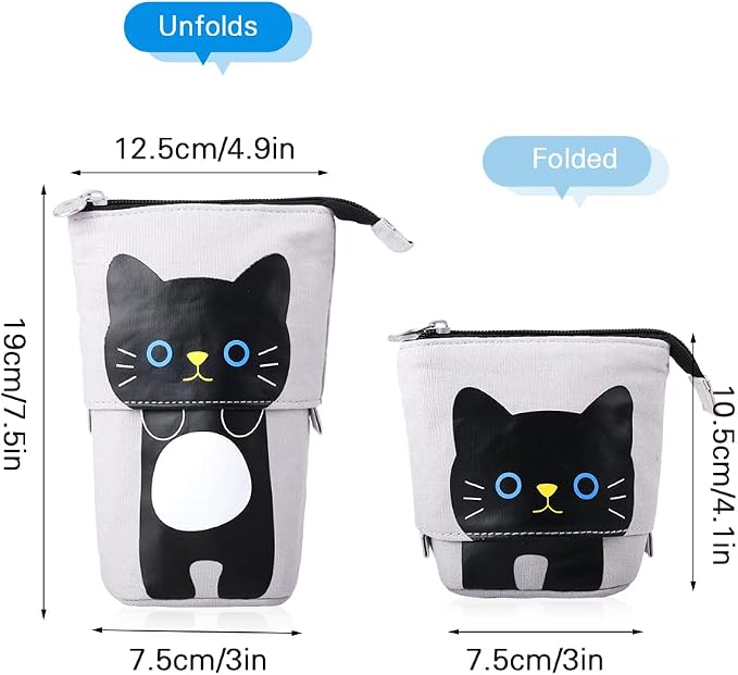 iSuperb Standing Pencil Pouch Pencil Case Cute Cat Telescopic with Zipper Canvas Kwaii Cartoon Pencil Bag Stationery Box for Kids Girls Boys School Supplies 7.5 x 4.9 x 3.0inch/4.1x 3.0inch