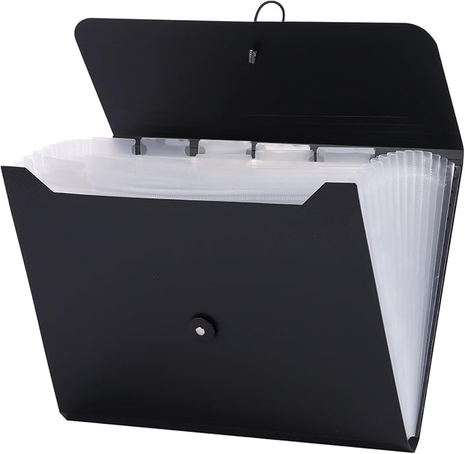 A4 Paper Document Organizer Expanding File Folder with 13 Pockets Accordion File Holder with Tabs for Home School Office, Black Plastic Material