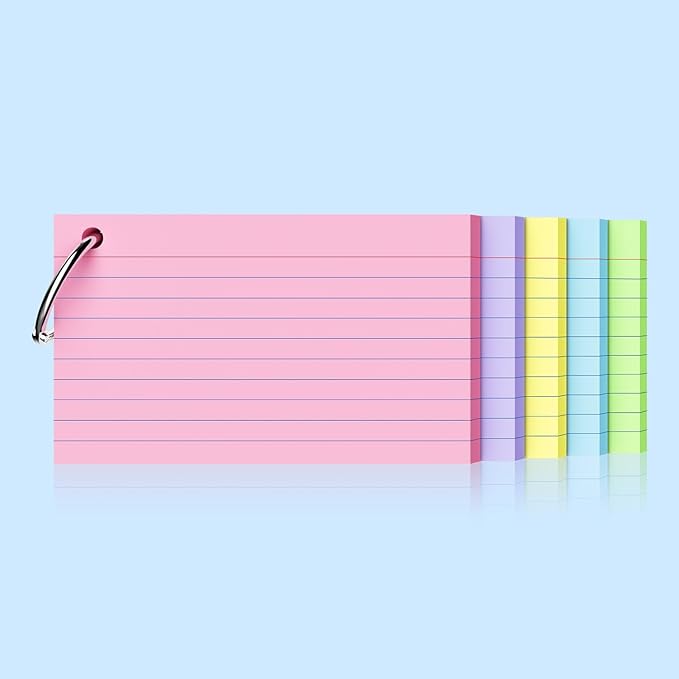 250 Count Index Cards 3x5 Inch with Key Ring, 180gsm Heavy Weight Colored Flash Cards 5 Color Assortment (50 Sheets Each) Note Taking for Students, Study Note Cards for Office School Supplies