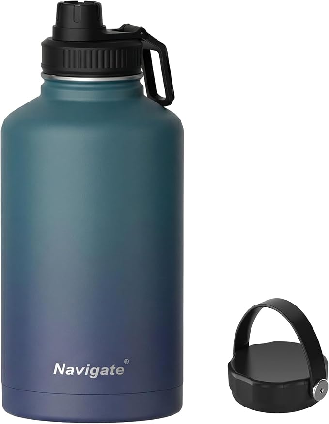 Navigate 64 oz Insulated Stainless Steel Sports Water Bottle with Spout & Handle Lids,Wide Mouth Water Jug with Double Walled Leak Proof Keep Cold for 24 Hrs Hot for 12 Hrs, Blue Gradient