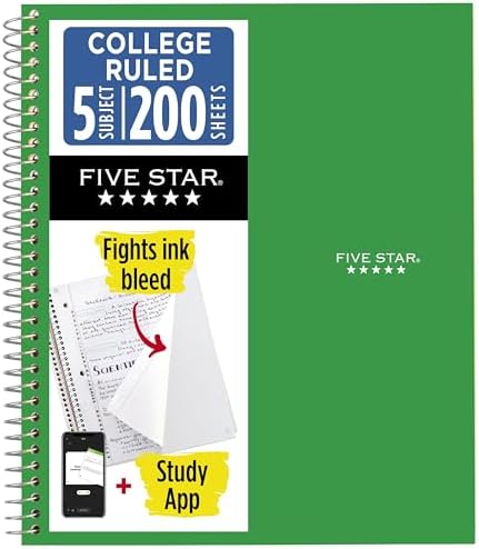 Five Star Spiral Notebook + Study App, 5 Subject, College Ruled Paper, 8.5" x 11", 200 Sheets, Green (Color May Vary) (72079)