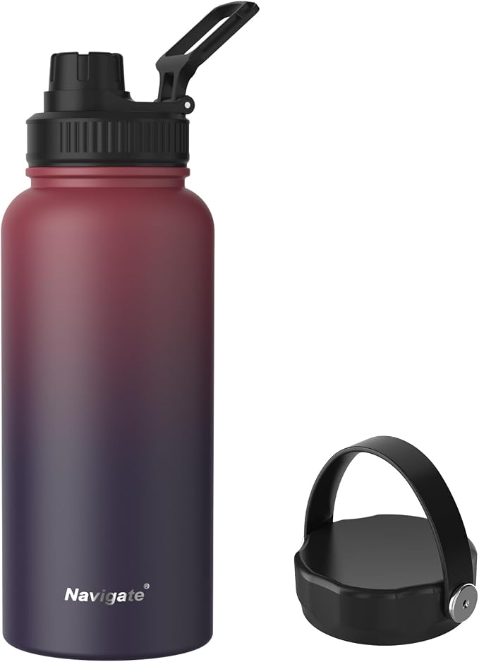 Navigate 32oz Insulated Water Bottle for Sports, Keep Cold 24H | 2-in-1 Spout and Handle Lids, Double Leak-Proof, 18/8 Stainless Steel, BPA-Free, Wide Mouth for Hiking,Red to Black
