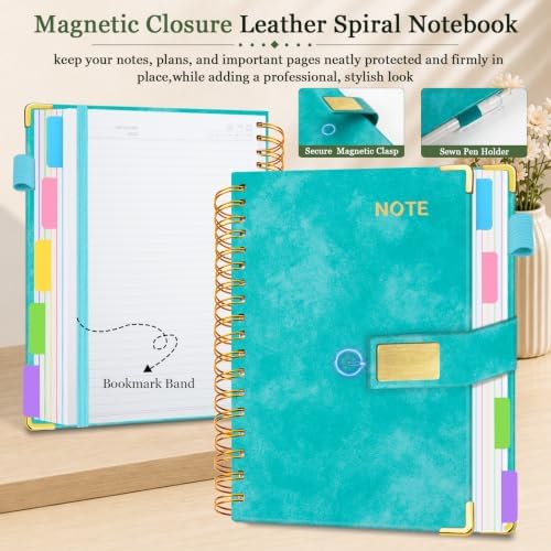 Hardcover Spiral Notebook 8.5''x 11'' College Ruled Notebook with Magnetic Closure, 300 Pages 5 Subject Notebooks with Pocket Dividers for Work School, A4 Leather Journal for Women, Men (Cyan)