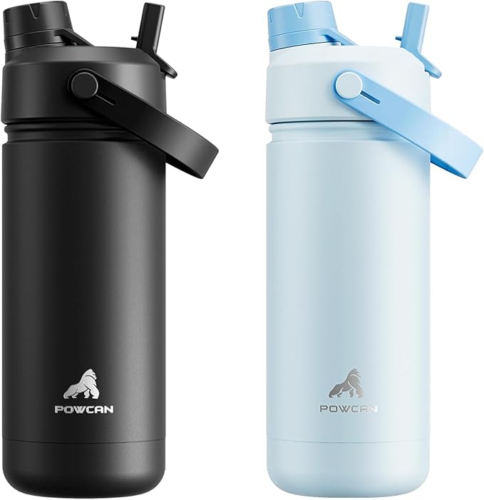 POWCAN 2 Pack 18 oz Insulated Water Bottle for School: Leakproof, 2-in-1 Straw Spout Lid, BPA-Free, Keep Cold 24 Hrs, Stainless Steel Cup (Dark Knight & Sea Breeze)