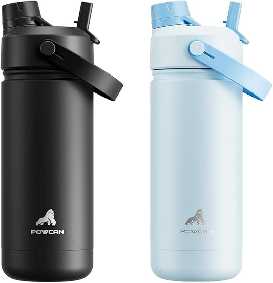 POWCAN 2 Pack 18 oz Insulated Water Bottle for School: Leakproof, 2-in-1 Straw Spout Lid, BPA-Free, Keep Cold 24 Hrs, Stainless Steel Cup (Dark Knight & Sea Breeze)