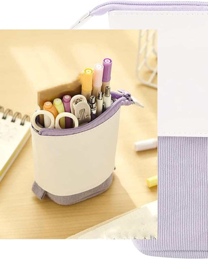 Telescopic Pencil Bag Pen Holder Stationery Case, PU Corduroy Stand-up Retractable Transformer Bag Colorful Organizer, Great for Christmas Holiday (Blue)