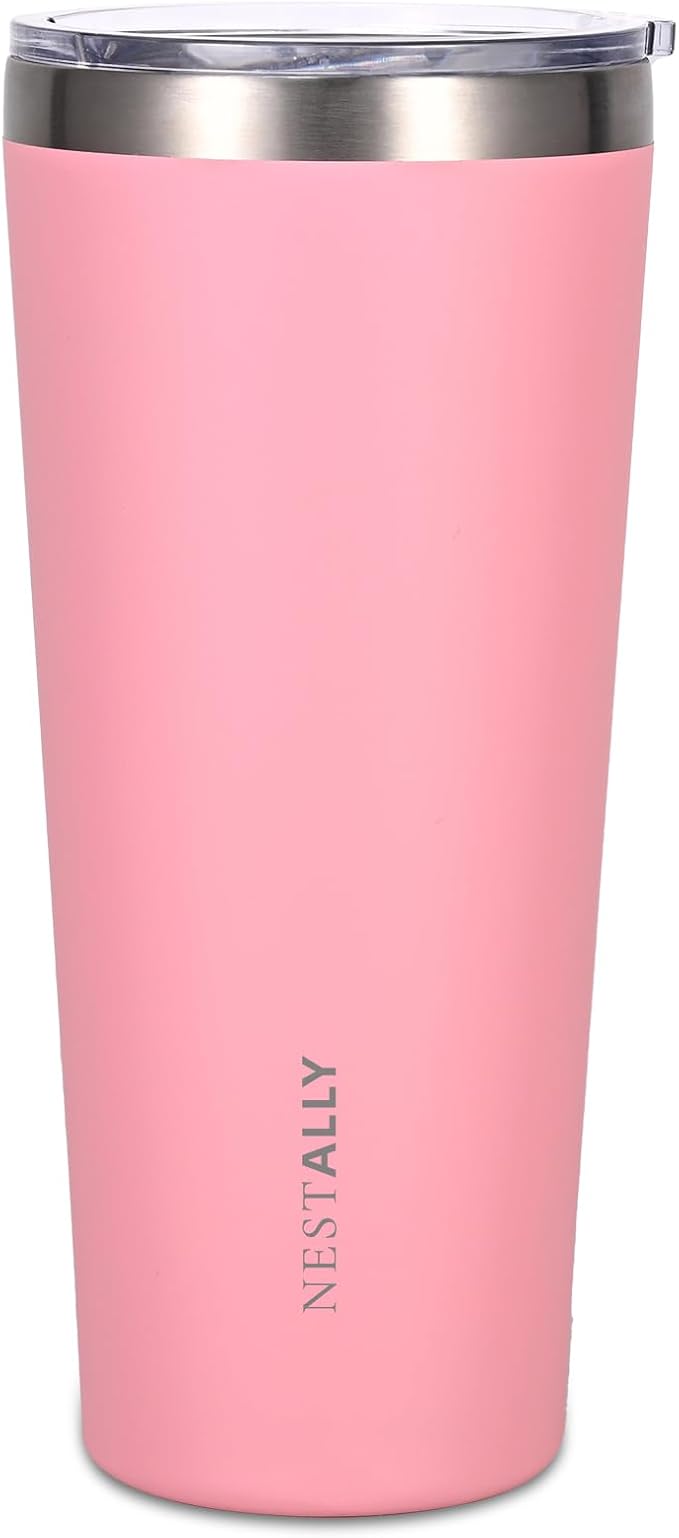 NESTALLY Coast 20oz Stainless Steel Tumbler, Extra Capacity Holds Up to 22oz, Double Wall Vacuum Insulated Travel Coffee Mug with Lid & Metal Straw, Leakproof Reusable Cup for Travel (Blush Pink)