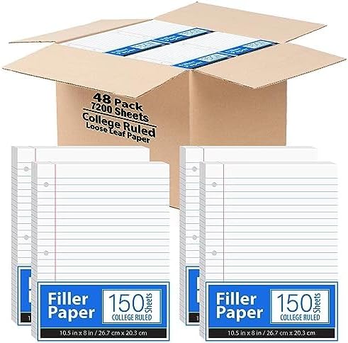 Loose Leaf Paper College Ruled Notebook Paper College Ruled Lined Writing Filler Paper 10.5” x 8” 7200 Sheets 200 Sheets Per Pack 60 gsm (36 Pack)