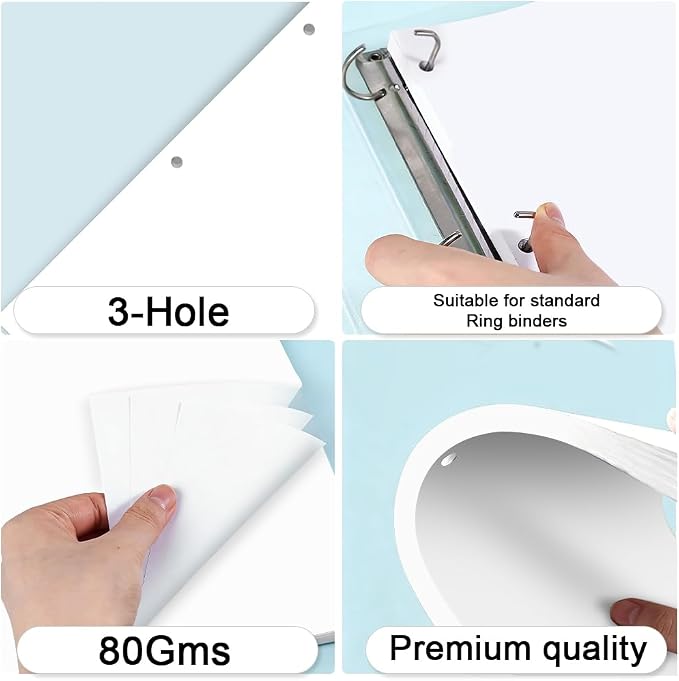(3-Pack) 3-Hole Punched Blank Paper - 300 Sheets/600 Pages Loose Leaf Papers, 100 GSM, Paper Refills for Large Leather Journal/Filofax Binders, 8" x 10.5"