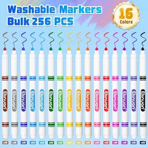 Ellinjan 256 Count Washable Markers Bulk, 16 Assorted Colors, Colored Thin Marker with Conical Tip, Washable Markers for Kids, Bulk Marker for Classroom, School Art Supplies for Students Teachers