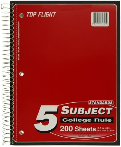Top Flight Standards 5-Subject Wirebound Notebook, 200 Sheets, 3-Hole Punched, College Rule, 10.5 x 8 Inches, 1 Notebook, Color May Vary (31820) (Pack of 2)