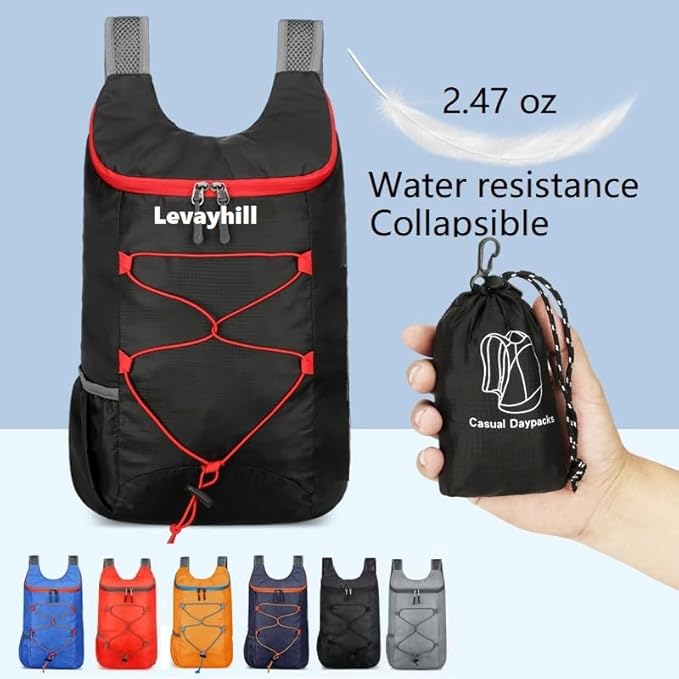 levayhill 16L Lightweight Foldable Hiking-Backpack Small Packable-Daypack For Travel,Ultralight Water-Resistant Gym Bag Men Women Easy Carry-on (Black+Red)