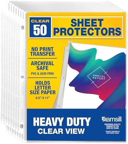 Samsill 50 Pack Heavy Duty Sheet Protectors, Crystal Clear, 8.5x11 Inch Page Protectors for 3 Ring Binder, Letter Size Protectors with Reinforced Holes, Clear Protector, Top Loading, Acid Free